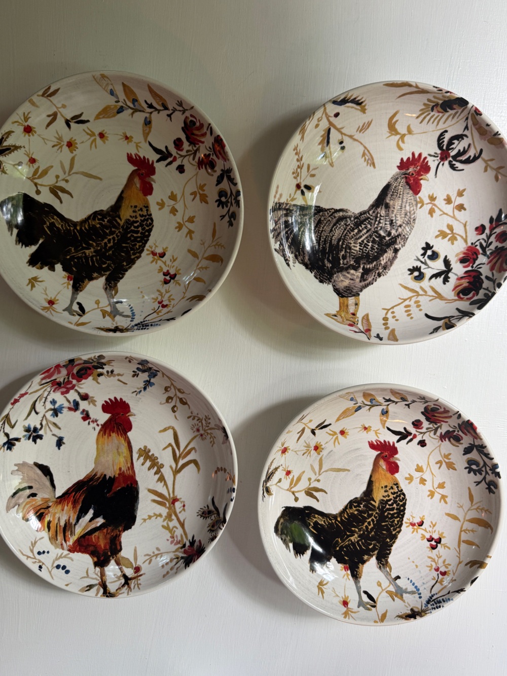 Set of 4 Rooster Decorative Ceramic Wall Plates - Cream & Multicolor